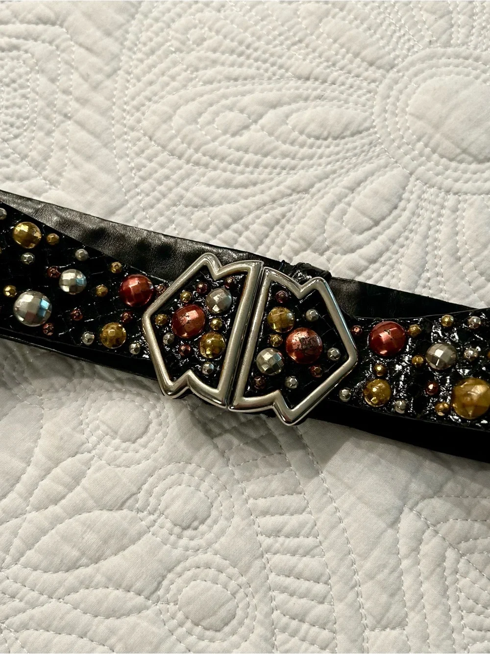 Judith Leiber Adjustable Black Leather Belt with Multicolored Stud Accents